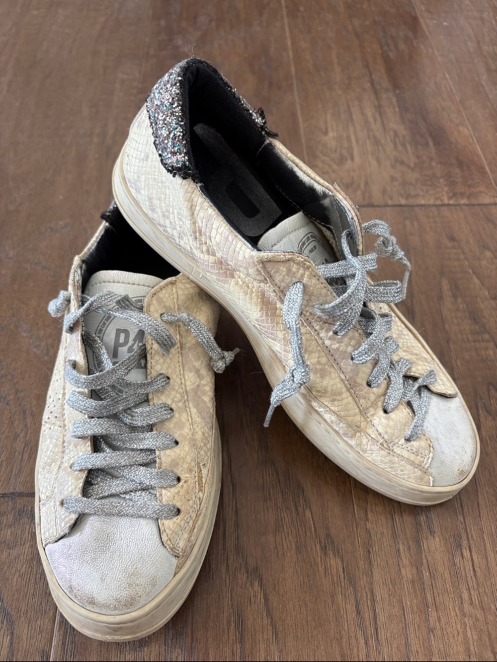 Women's P448 Glitter Accent Snake Skin Beige Sneakers. Size 40.